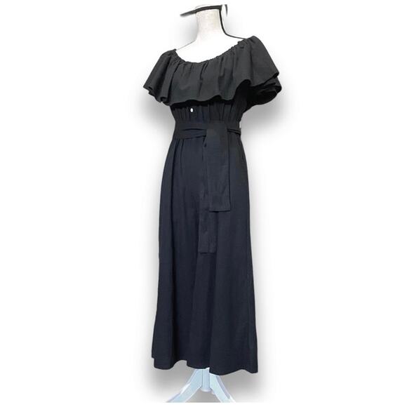Faithfull The Brand Wide Leg Jumpsuit Sz US 4 Black Linen Ankle On Off Shoulder - Picture 8 of 15